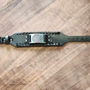 Black Leather Braided Nordic Viking Silver Kolovrat Bracelet
